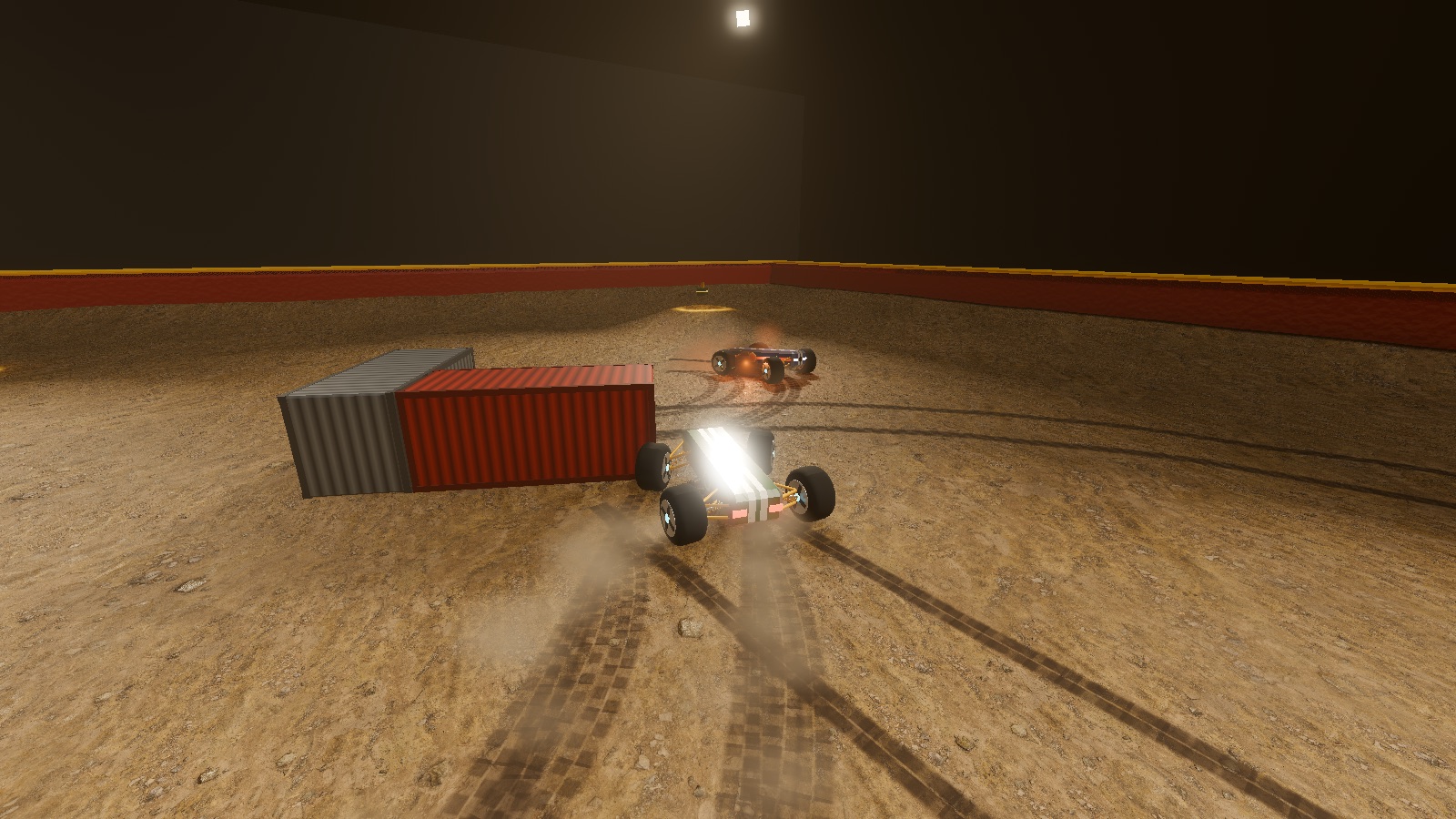 Buggy firing its cannon next to a shipping container