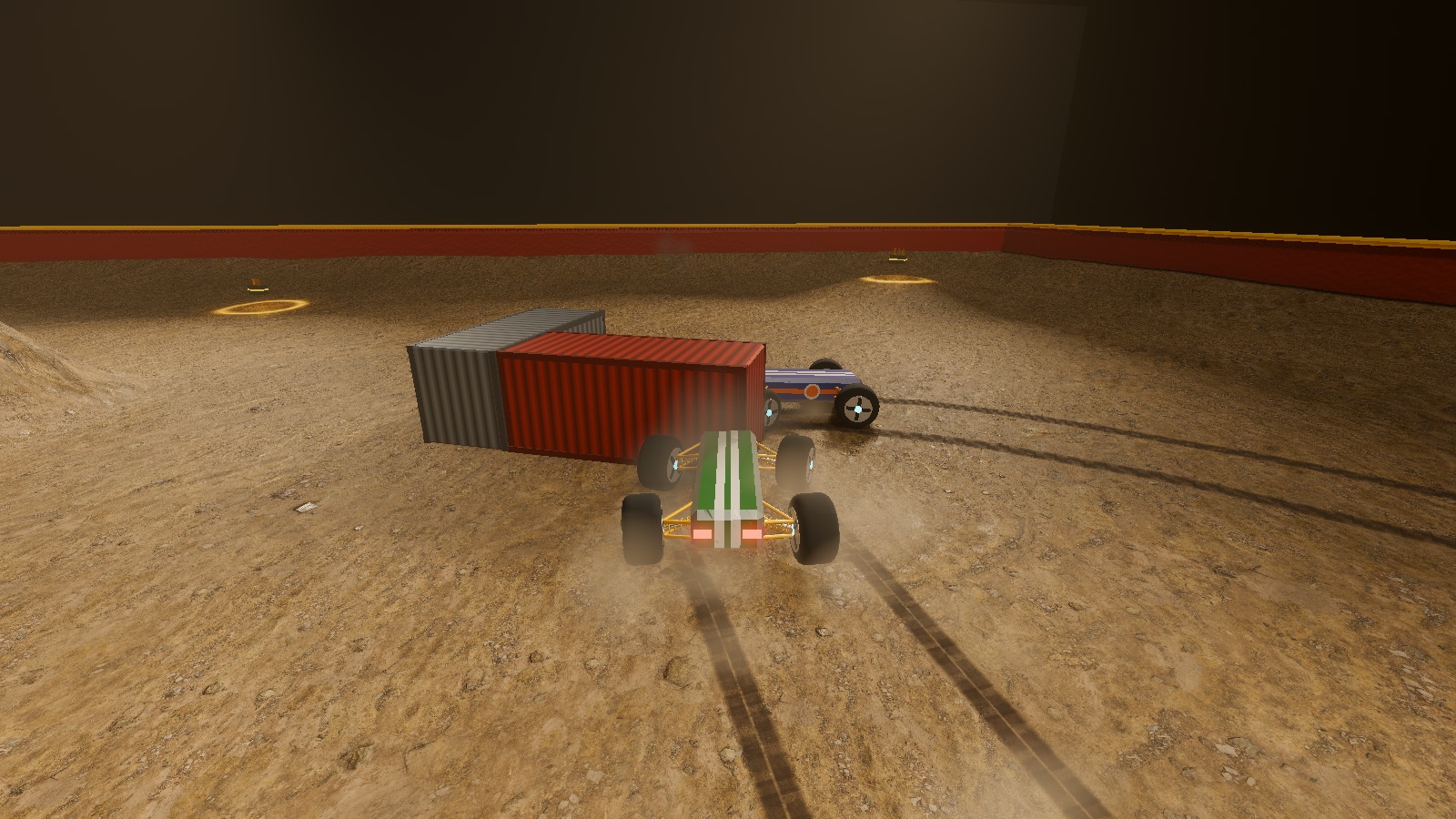 Buggy drifting past containers, tyre marks in the dirt