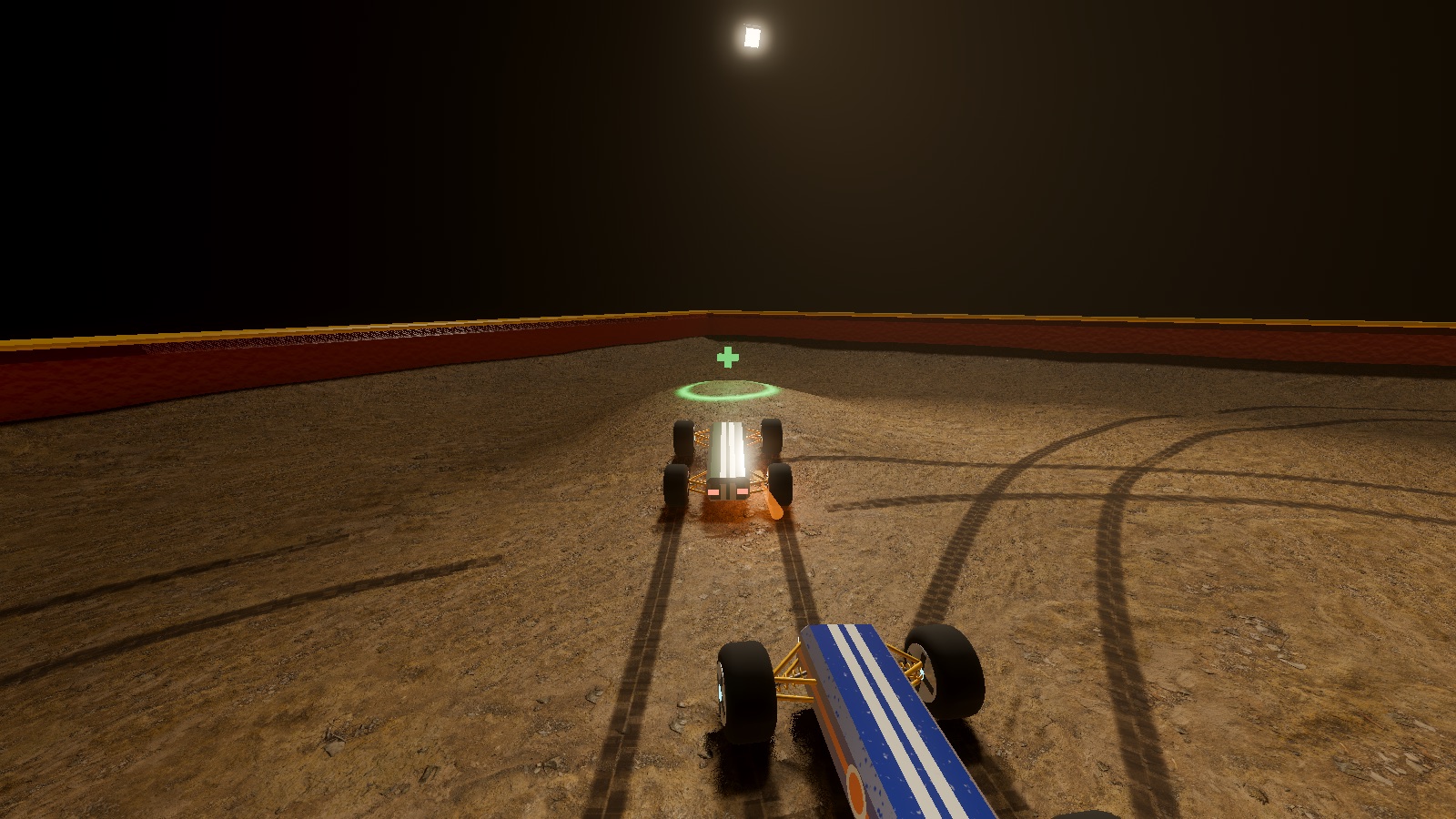 Two buggies chasing each other across the arena